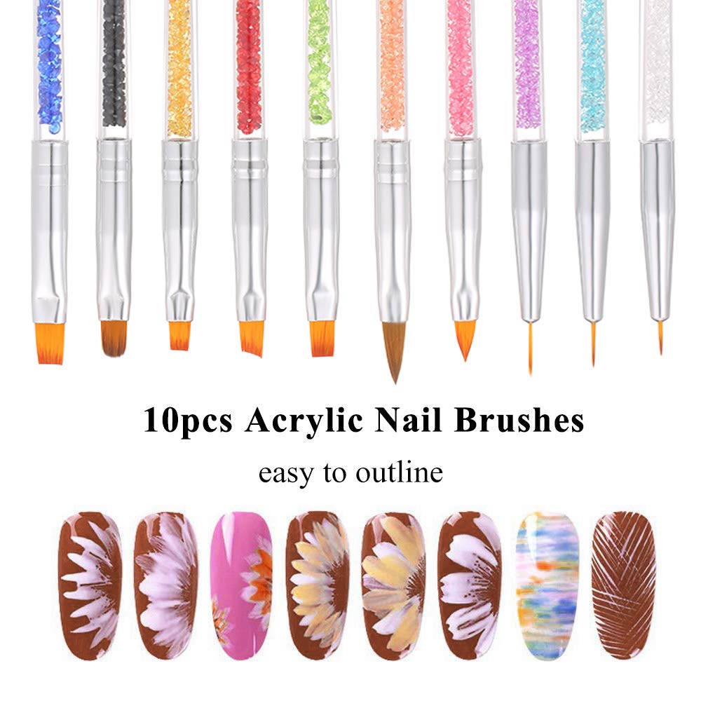 10pcs Acrylic Nail Brushes Professional Nail Tools UV Gel 3D Nail Art Design Painting Drawing Liner Pen Set - Acrylic Rhinestone Handle