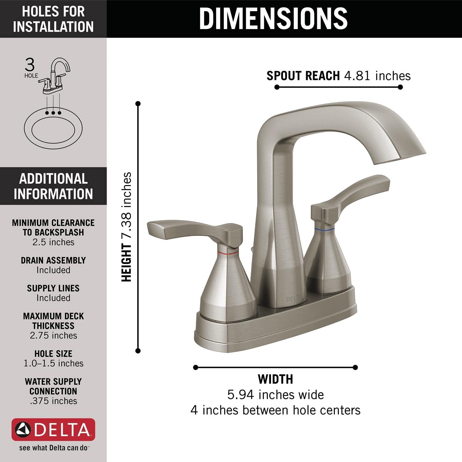 Delta Faucet Stryke Centerset Bathroom Faucet Brushed Nickel, Bathroom Sink Faucet, Diamond Seal Technology, Metal Drain Assembly, Stainless 25776-SSMPU-DST