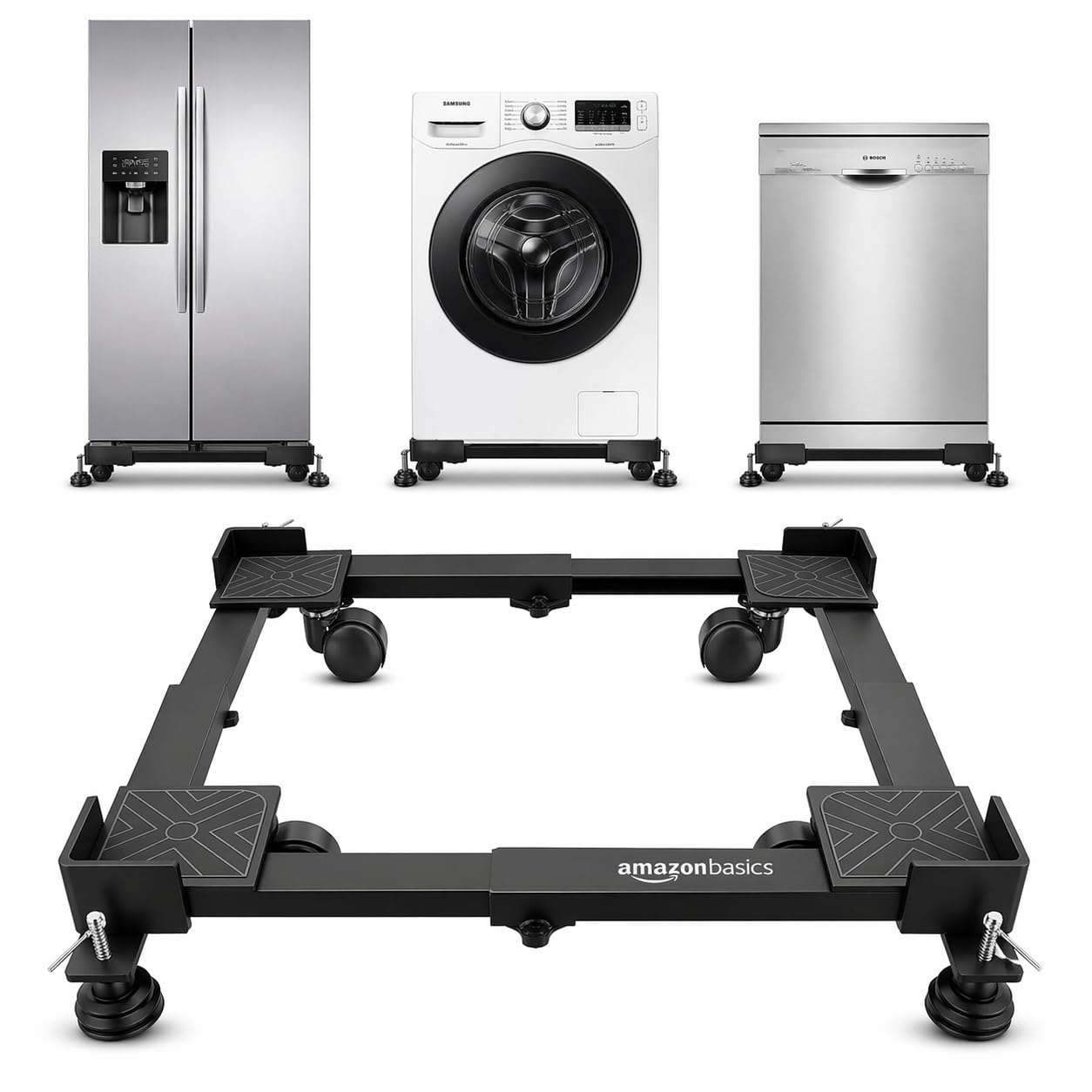 Amazon Basics Washing Machine Stand- Adjustable Metal Trolley with Wheels for Home with 4 Anti Vibration Rubber Grips- Stands Upto 180 Kg Weight, Also Suitable for Dishwasher, Air Cooler