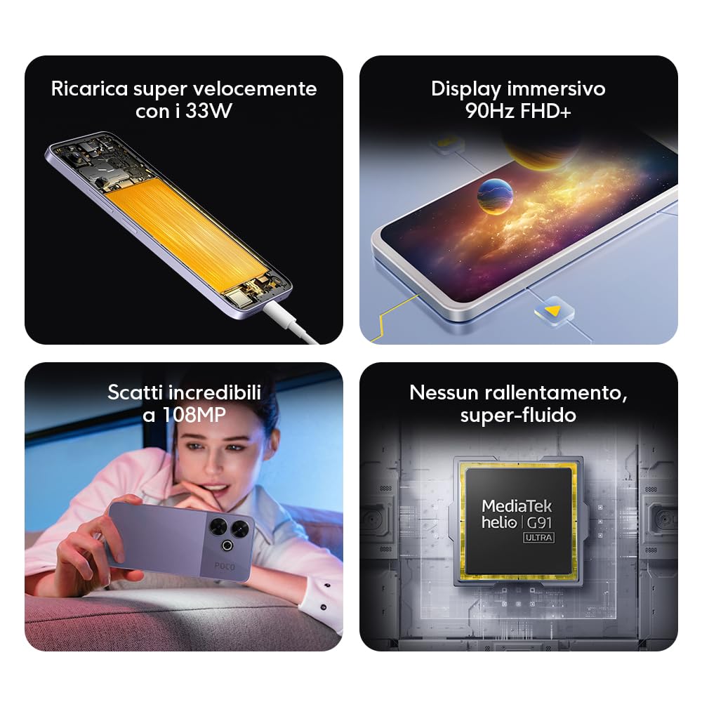 Poco M6 (smartphone), 8GB+256GB, MediaTek Helio G91-Ultra, Display da 6.79'', Camera principale da 108MP, Batteria 5.030mAh, Ricarica veloce da 33W,Nero