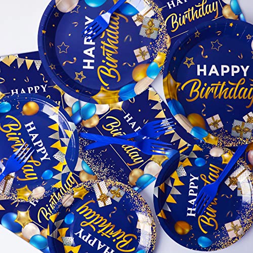 Image of gisgfim 96 Pcs Blue and Gold Birthday Plates and Napkins Party Supplies Navy Blue Party Tableware Set Happy Birthday Decorations Favors for Men Women for 24 Guests