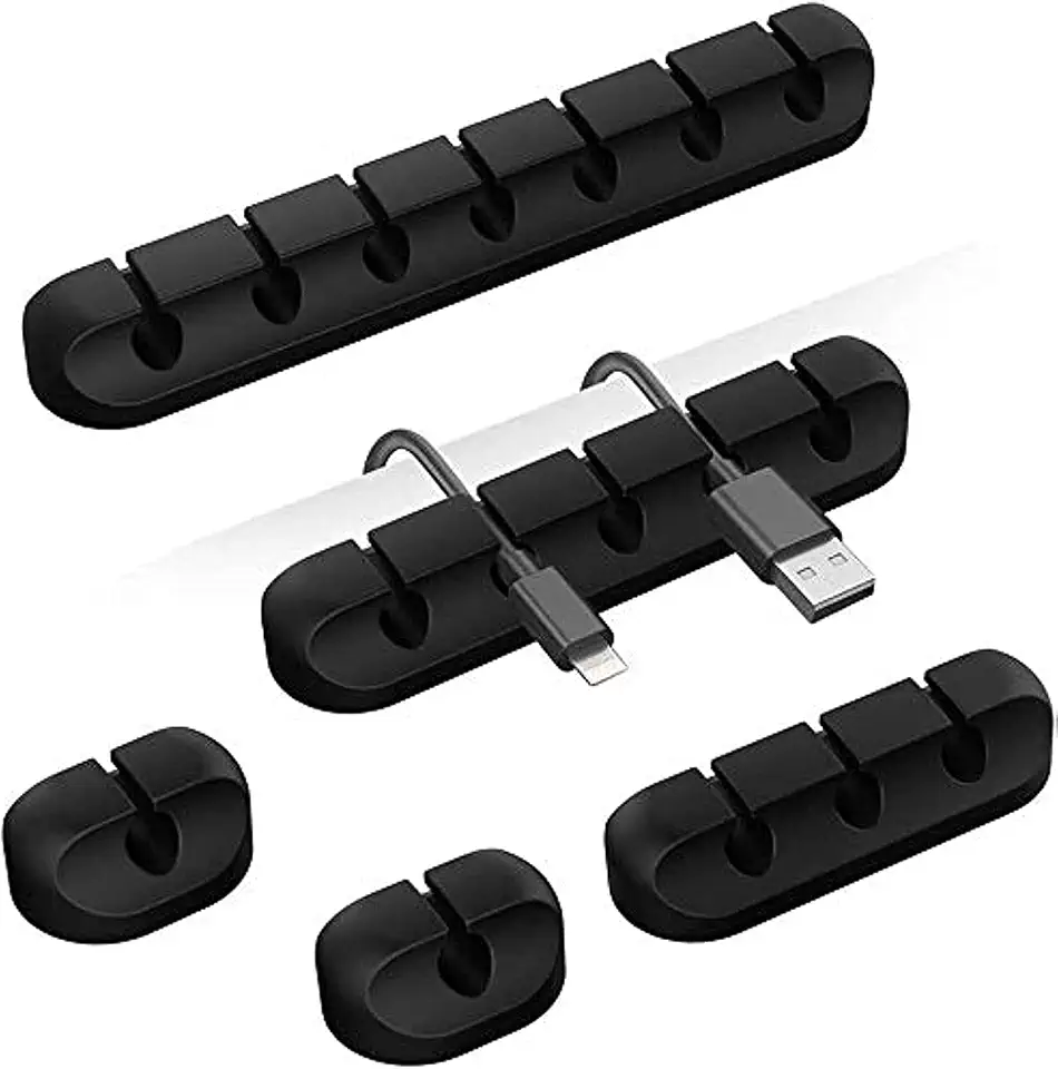 TviewSmart Cable Organizer Clips Cord Holder - 5 Packs Self Adhesive Cable Management for USB Cable/Power Cord/Wire, Car and Desk, Home and Office (7-5-3-1-1 Slots) Black Cable Holder
