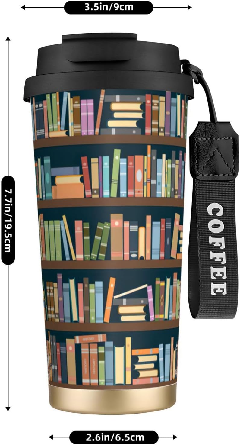 Cartoon Bookshelf Bookworm Print Leakproof Insulated Coffee Mug,Stainless Steel Dual Drink Travel Tumbler,17 OZ