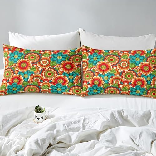 Castle Fairy Vintage Floral Pattern Fitted Sheet Full Size 4Pcs,Colorful Mandala Flowers Bed Sheet Set For Girls Teens Bedroom,Hippie Modern Abstract Polyester Bedding Set With 1 Flat + 2 Pillowcases #TOP3