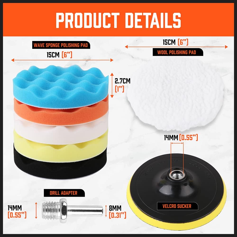HORUSDY 6" Buffing Pad Kit, Polishing Pad Kit for 6 Inch Backing Plate Compound Buffing Sponge and Woolen Pads Cutting Polishing Pad Kit for Car Buffer Polisher, Polishing and Waxing.