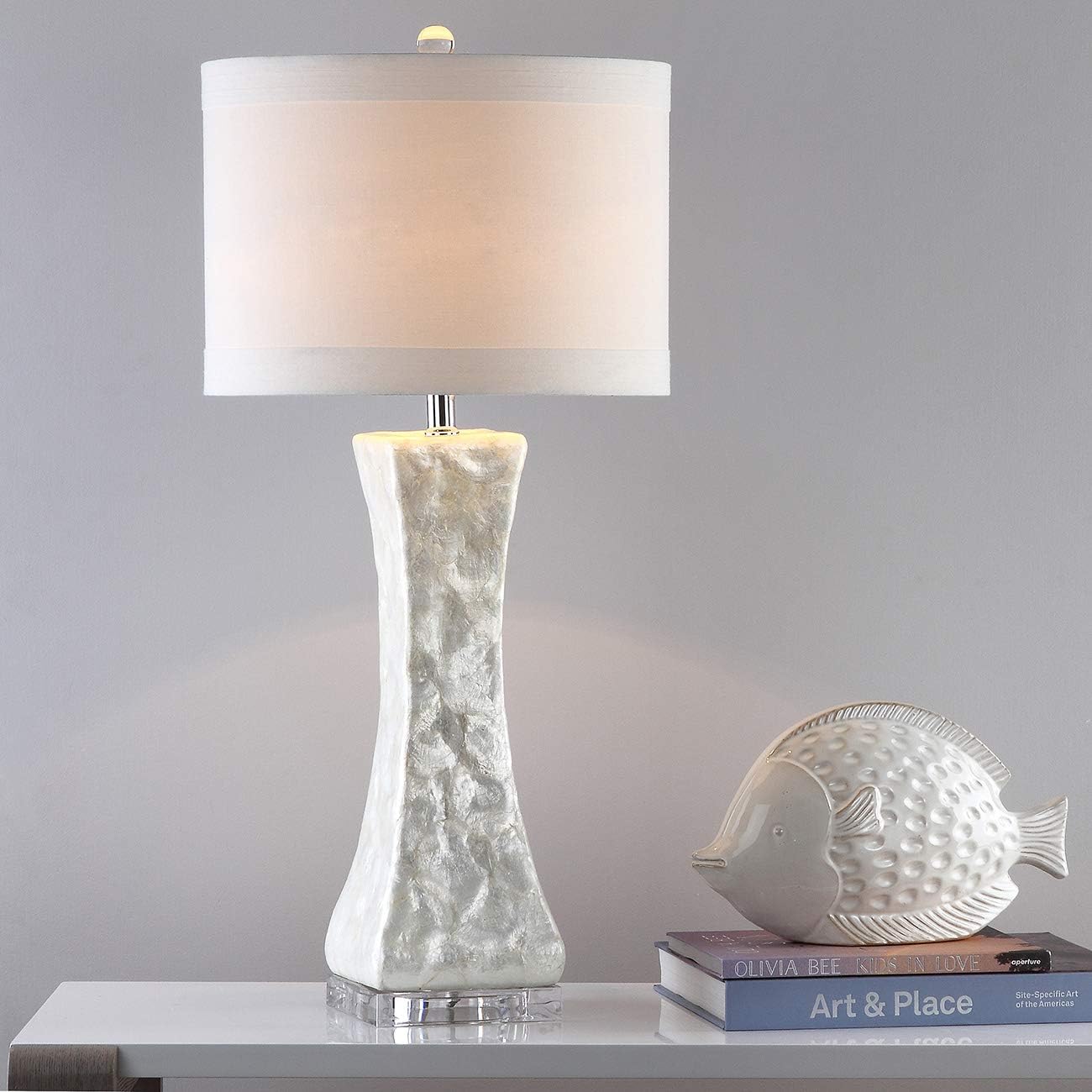 SAFAVIEH Lighting Collection Shelley Coastal White Concave Capiz Shell 31-inch Bedroom Living Room Home Office Desk Nightstand Table Lamp Set of 2 (LED Bulbs Included)