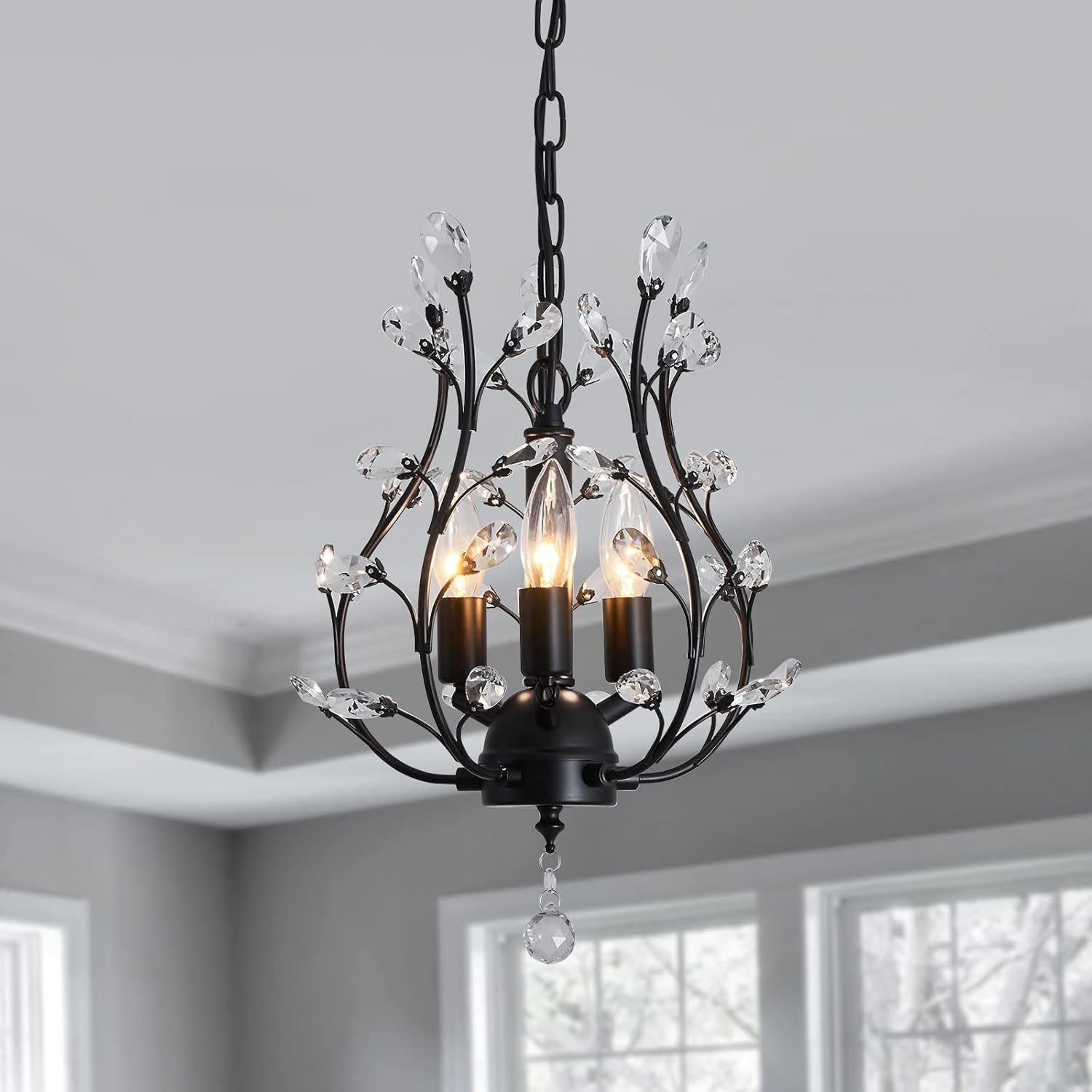CVKASH 3 - Light Branch Crystal Chandelier Small Flush Mount Vintage Pendant Hanging Lighting Farmhouse Light Fixture for Bedroom Porch Dining Room Kitchen Hallway Foyer(Matte Black) Blacks