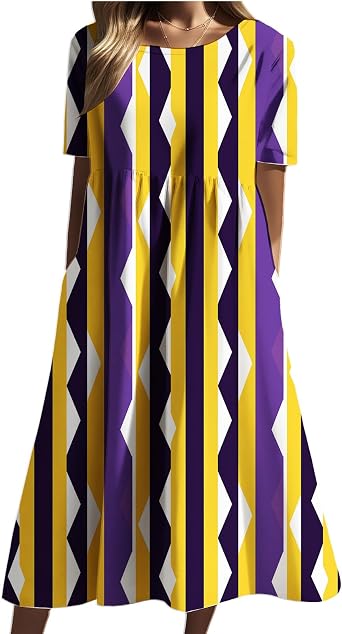ZOCAVIA Women Abstract Geometry Dress 2026 Summer Casual Short Sleeve Multicolored Graphic Beach Midi Dresses with Pocket