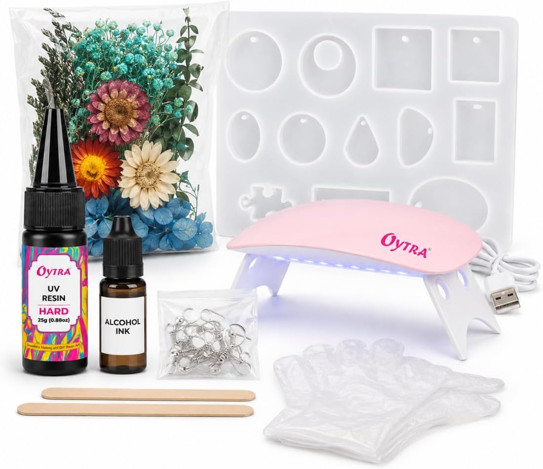 Oytra UV Resin Kit with UV Light DIY Jewellery Making for Beginners Clear High Gloss Transparent Liquid with Curing Lamp Moulds & Jewelry Casting Supplies for Earrings Pendants Craft & Artists