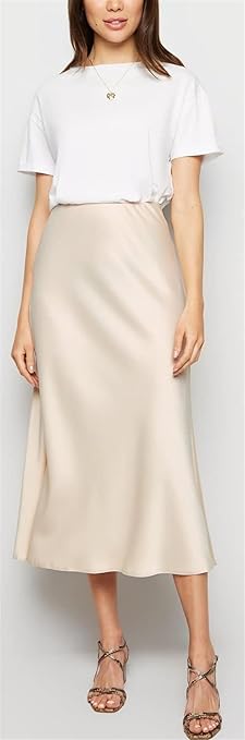 BSLVWG Gonna Midi In Raso Di Seta – Vita Alta Con Elastico E Spacco Laterale – Elegante E Casuale Per Lavoro, Feste, Estate - copertina
