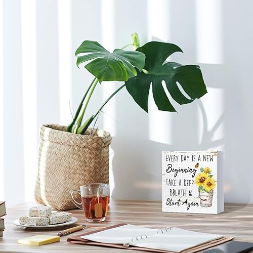 Miniatura 5 de Every Day Is A New Beginning Letrero divertido de verano inspirador de girasoles para decoración de escritorio, caja de madera, escritorio retro de