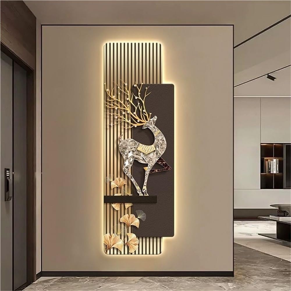 Cuadro de Pared de imitación de Pintura con Luces LED, Porcelana de Cristal finamente Tallada para Sala de Estar, Entrada y Pasillo (Dorado, 30 x 90 cm)