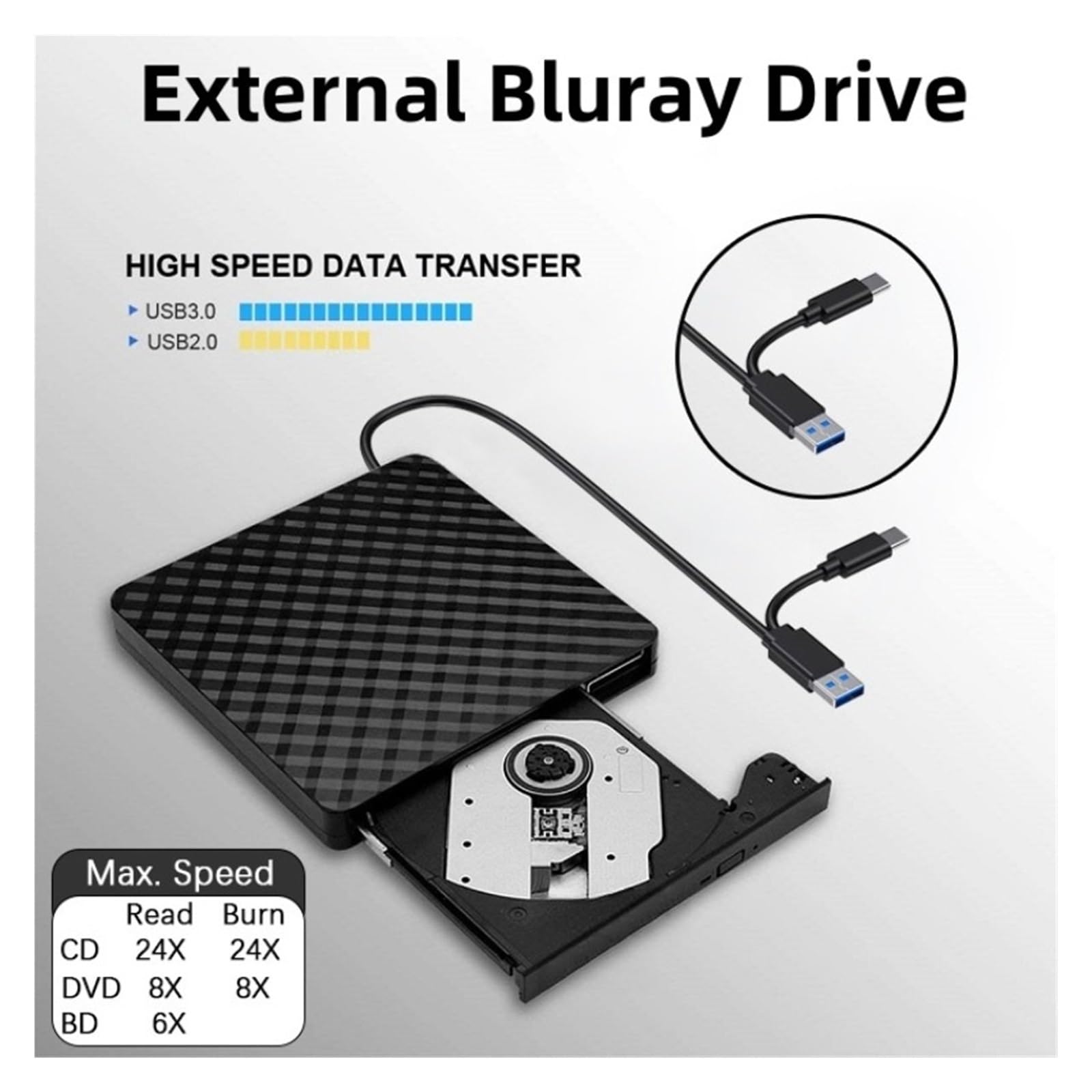 Zewnętrzny Napęd Blu-ray USB 3.0 Typu C 2 W 1 Slim Protectable CD-RW Nagrywarka DVD-ROM Odtwarzacz OszczęDność Miejsca(White)