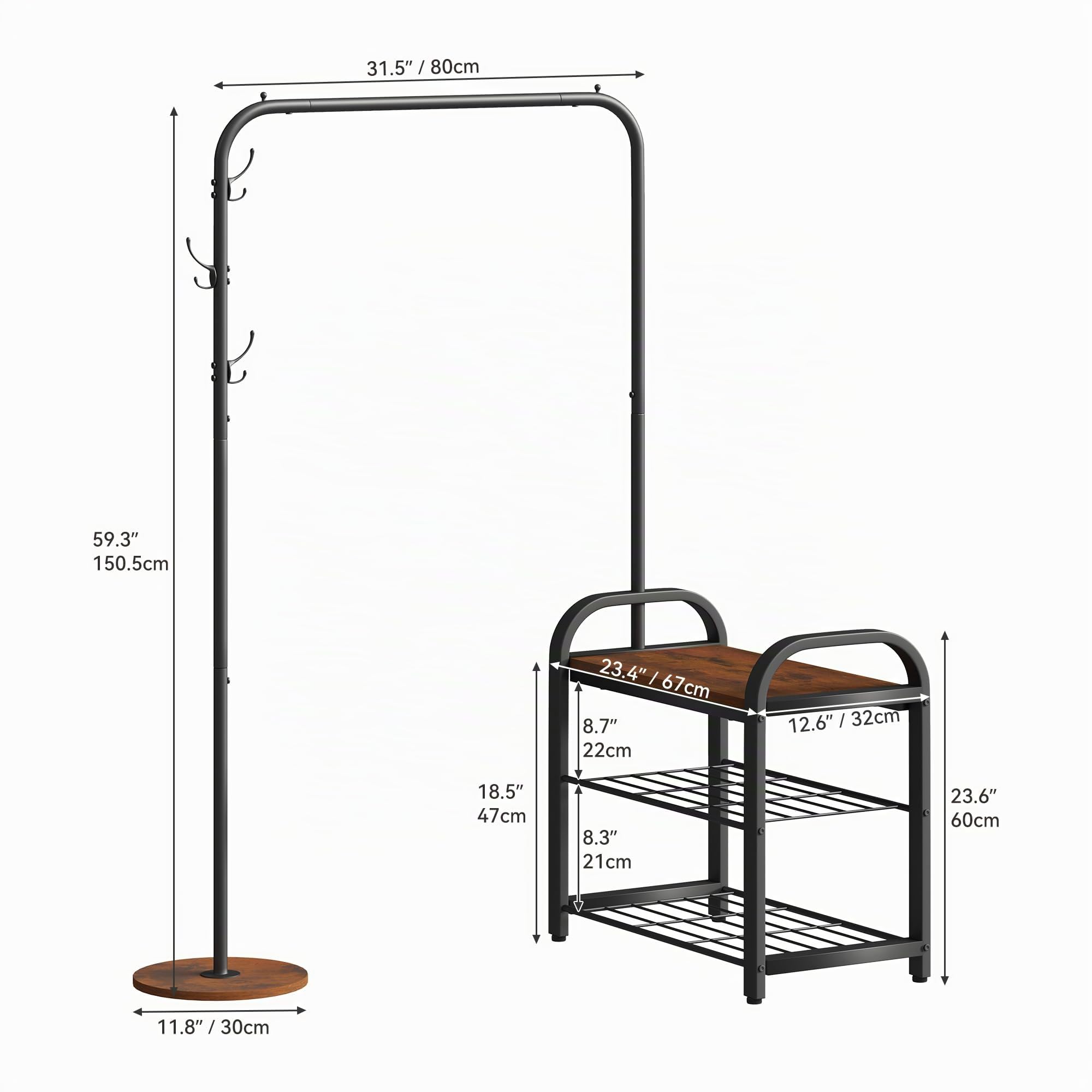 YITAHOME Perchero con zapatero, Perchero industrial con banco para zapatos, Perchero de pie con 3 ganchos, Perchero para ropa, Riel para ropa, Colgador, para sala de estar, pasillo, vestíbulo