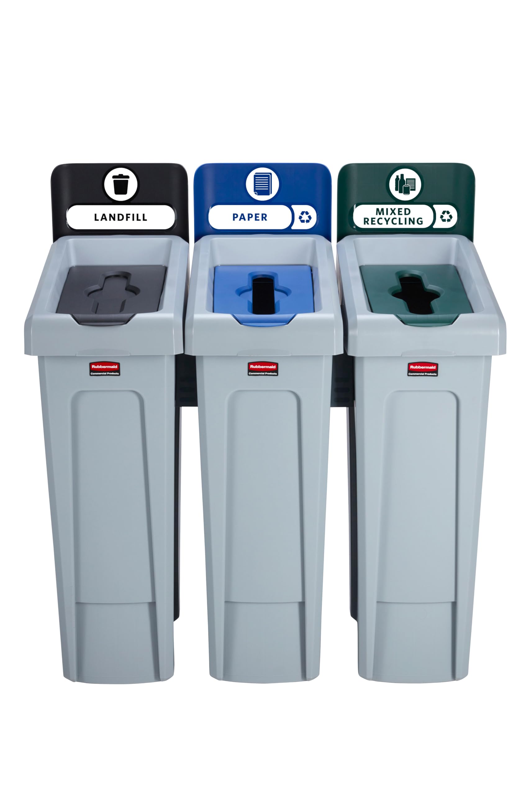 Rubbermaid Slim Jim Recycling Station Bundle 3 Stream - Landfill (Black)/ Paper (Blue)/ Mixed Recycling (Green) 2057606
