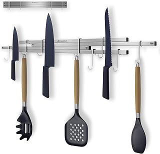 KINESISRACK Magnetic Knife Holder for Wall 16 inch Extends up to 30 inches 4 Strip Neodymium Magnetic Rack with 10 Hooks for Kitchen Utensils Organize. No Drill. Tools Holder