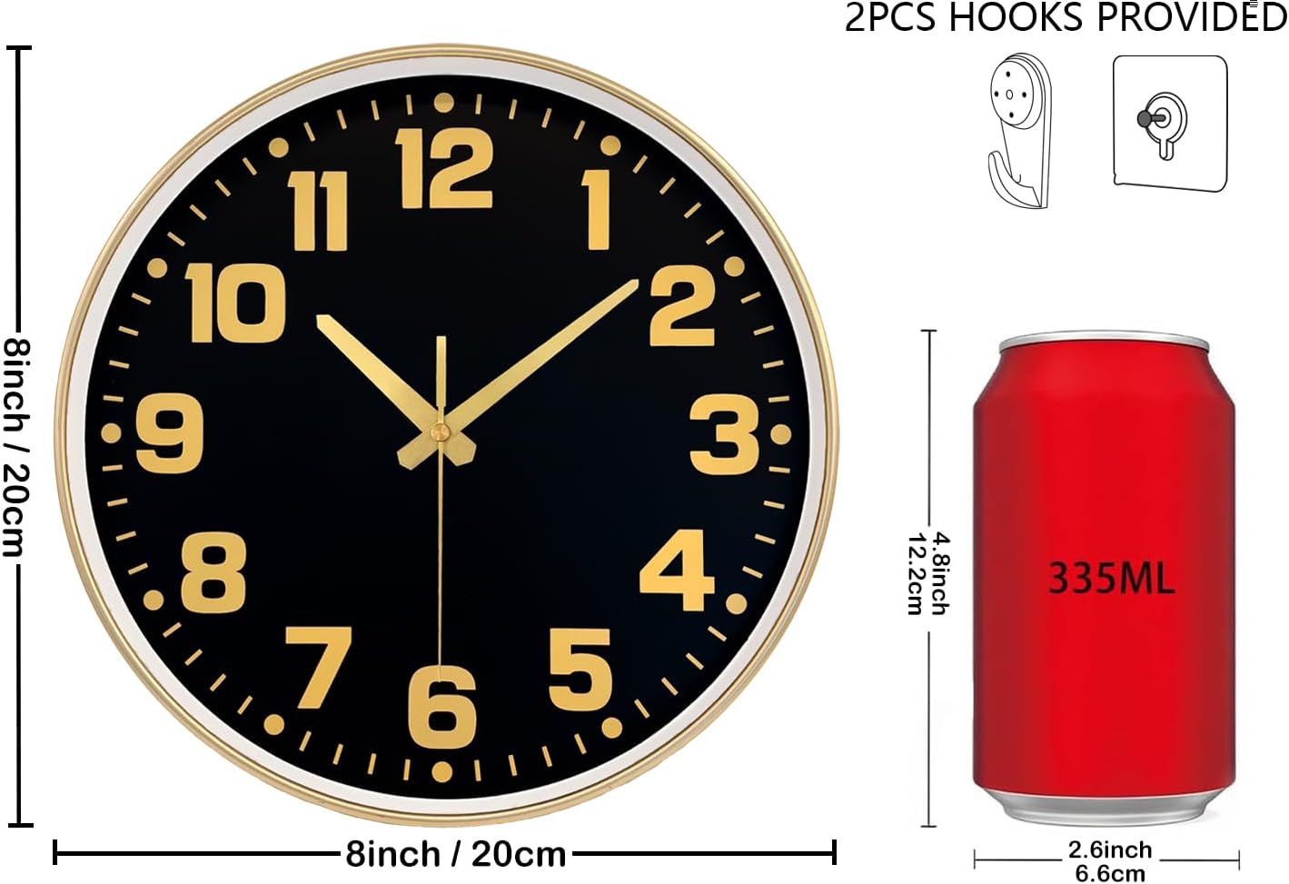 Wall Clock, 8inch Modern Silent Non-Ticking Wall Clocks Battery Operated with Large Easy-to-Read Numbers Tempered Glass, Decorative Analog Clock for Bedroom Living Room Kitchen Gym,Black Gold