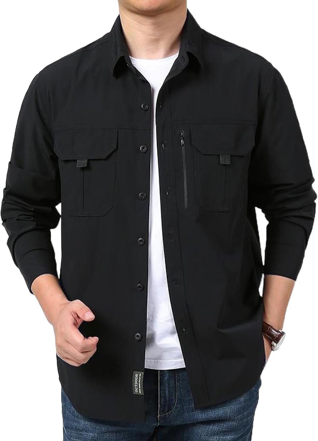 Mens Sun Protection Fishing Shirt Button Down Long Sleeve Zipper Pockets for Casual Work Travel Safari Camping Hiking