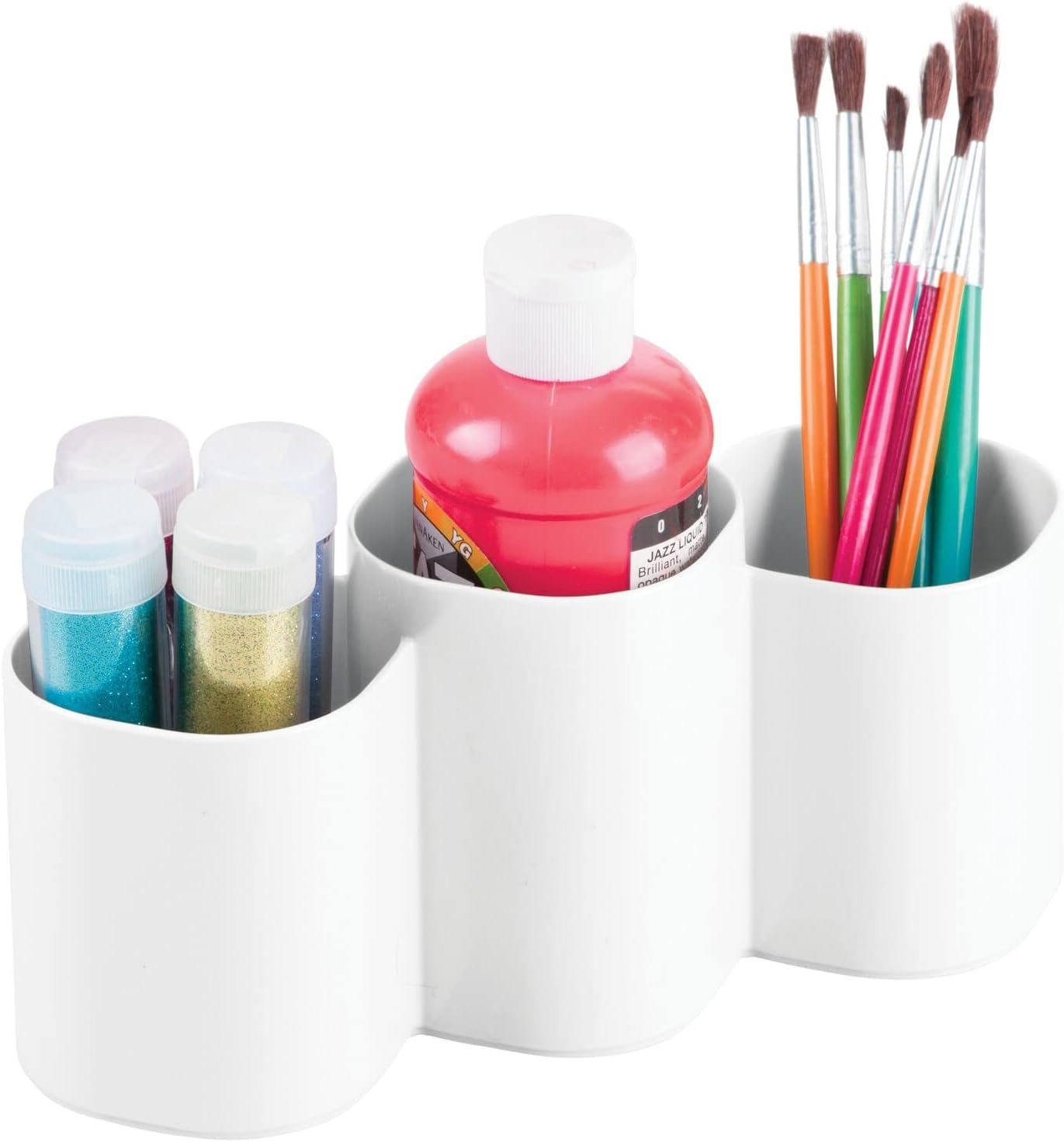 mDesign Plastic Makeup Organizer Cup for Bathroom Vanity Countertop or Cabinet to Hold Brushes, Lipstick, Mascara, Brow Pencils, Eye Liners, Tweezers, Beauty Products, 3 Divided Compartments - White