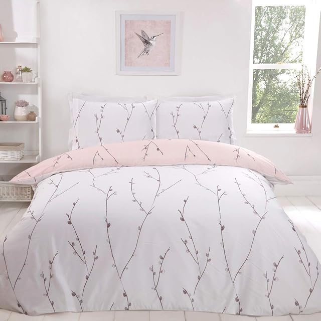 Sleepdown Willow Floral Blush Pink Ultra Soft Easy Care Hypoallergenic Printed White Reversible Duvet Cover Quilt Bedding Set with Pillowcase - King (220cm x 230cm)