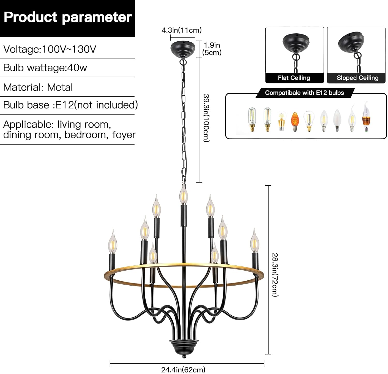 SEEBLEN Black Wagon Wheel Chandelier for High Ceilings,Farmhouse Chandelier for Dining Room Height Adjustable,r for Hallway Living Room Foyer,E12 Bulb.