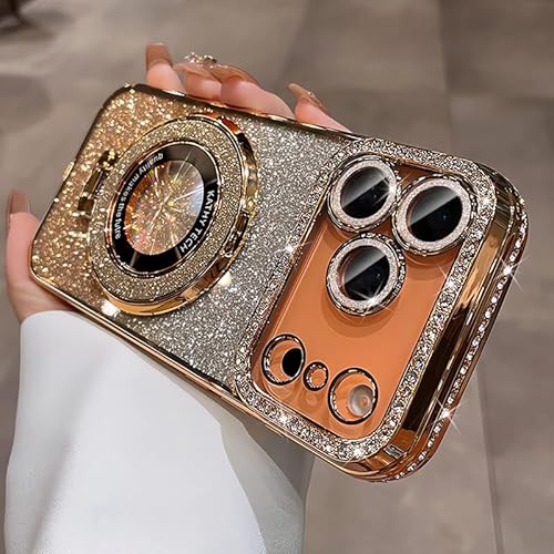 LXK Magnetic Stand for iPhone 17 Pro Max Case, [Compatible with Magsafe][Built-in Camera Lens Protector] Glitter Bling Card & Soft TPU Diamonds Bumper Protection Cover for Women Girls 6.9