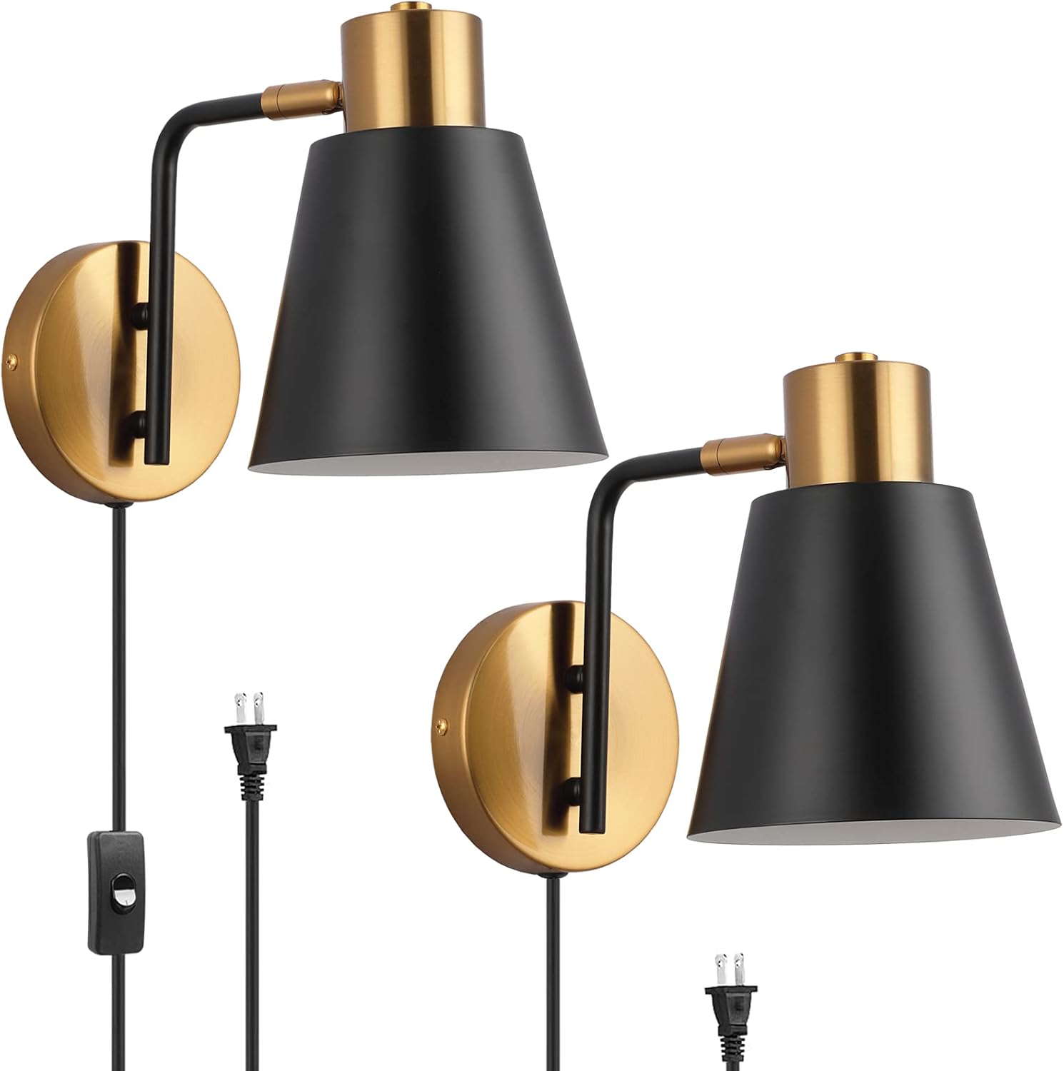 KOONTING® Plug in Wall Sconce Set of 2, Modern Rotatable Wall Lamp with Plug-in Cord and On/Off Toggle Switch, Metal Shade Wall Light Fixture for Headboard Bedroom Living Room