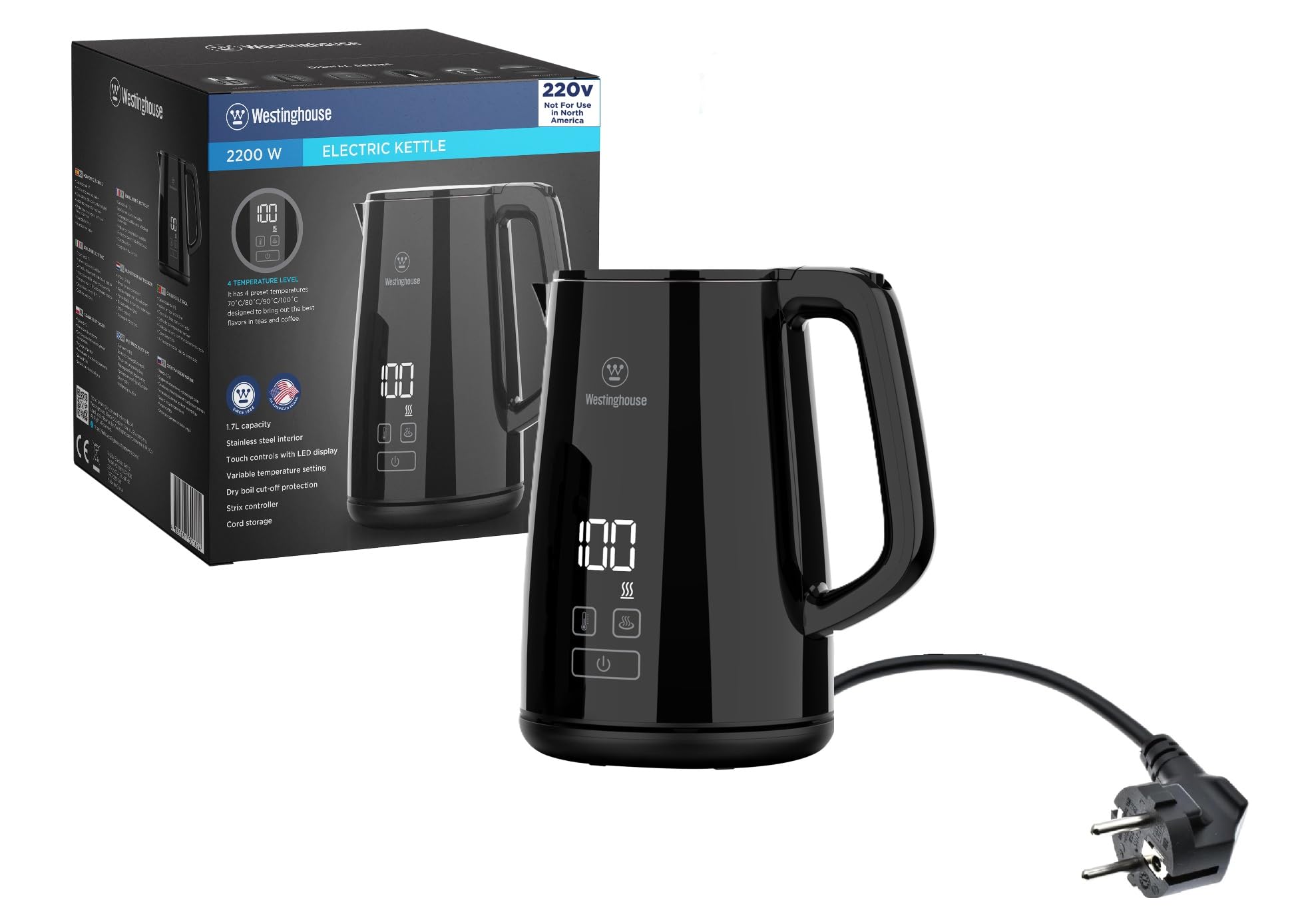 Westinghouse 220 volts Kettle -Double Wall-Variable Temperature kettle - Stainless steel interior and cool touch exterior 1.7 LIter 220v 240 volt (NOT FOR USE IN USA)