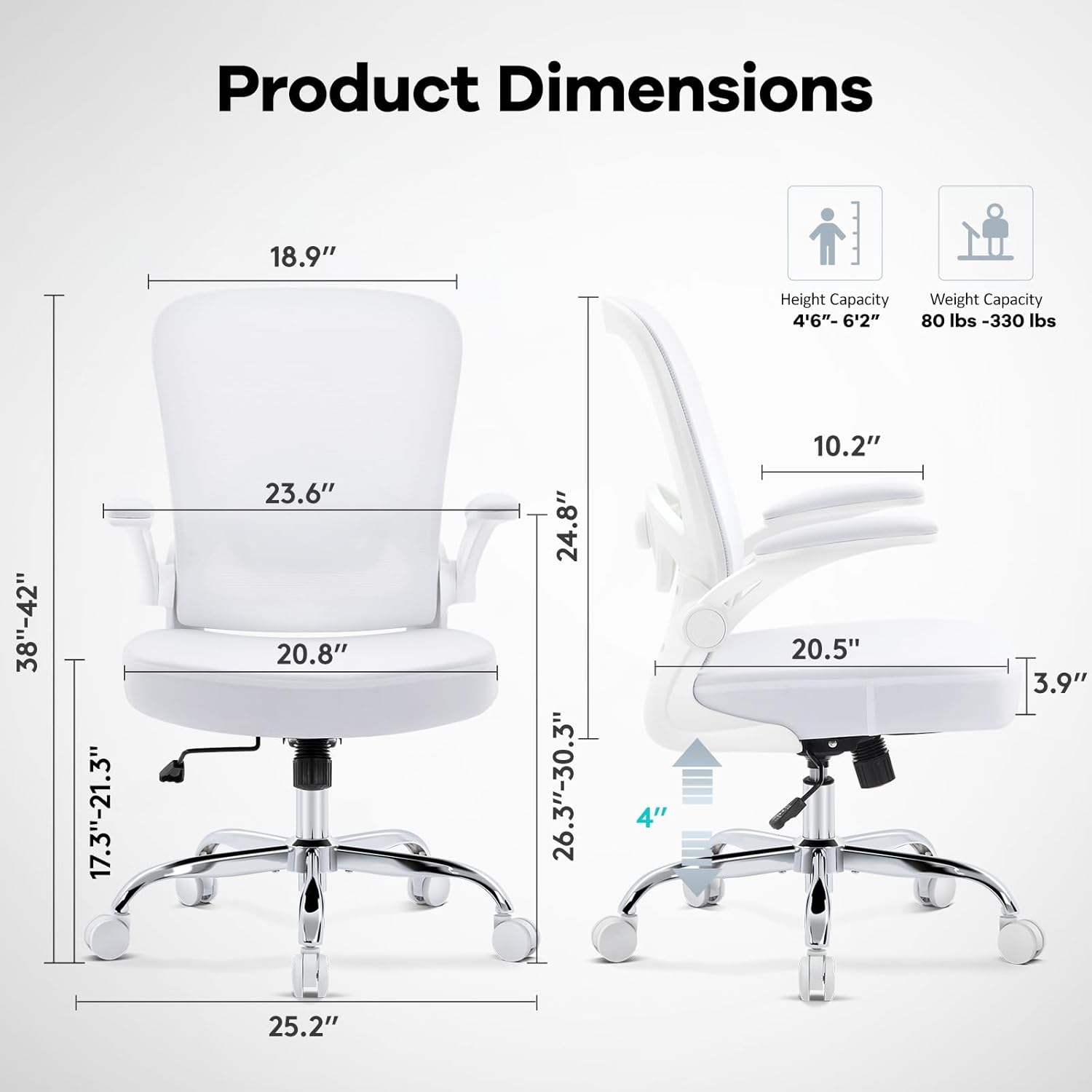 office chair,ergonomic mesh desk chair with adjustable lumbar support,computer chair with flip-up armrests, rolling executive chairs, home office chair(white) white sponge seat