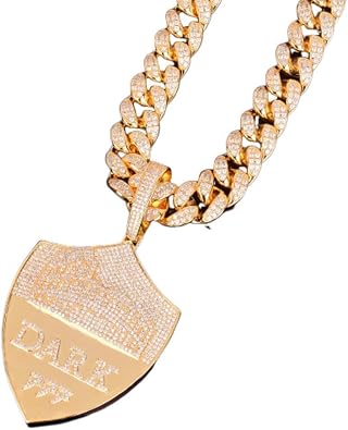 Iced Out Shield Pendant Necklace 18K Gold Plated Bling CZ Simulated Diamond Hip Hop Rapper Chain Necklace for Men Women