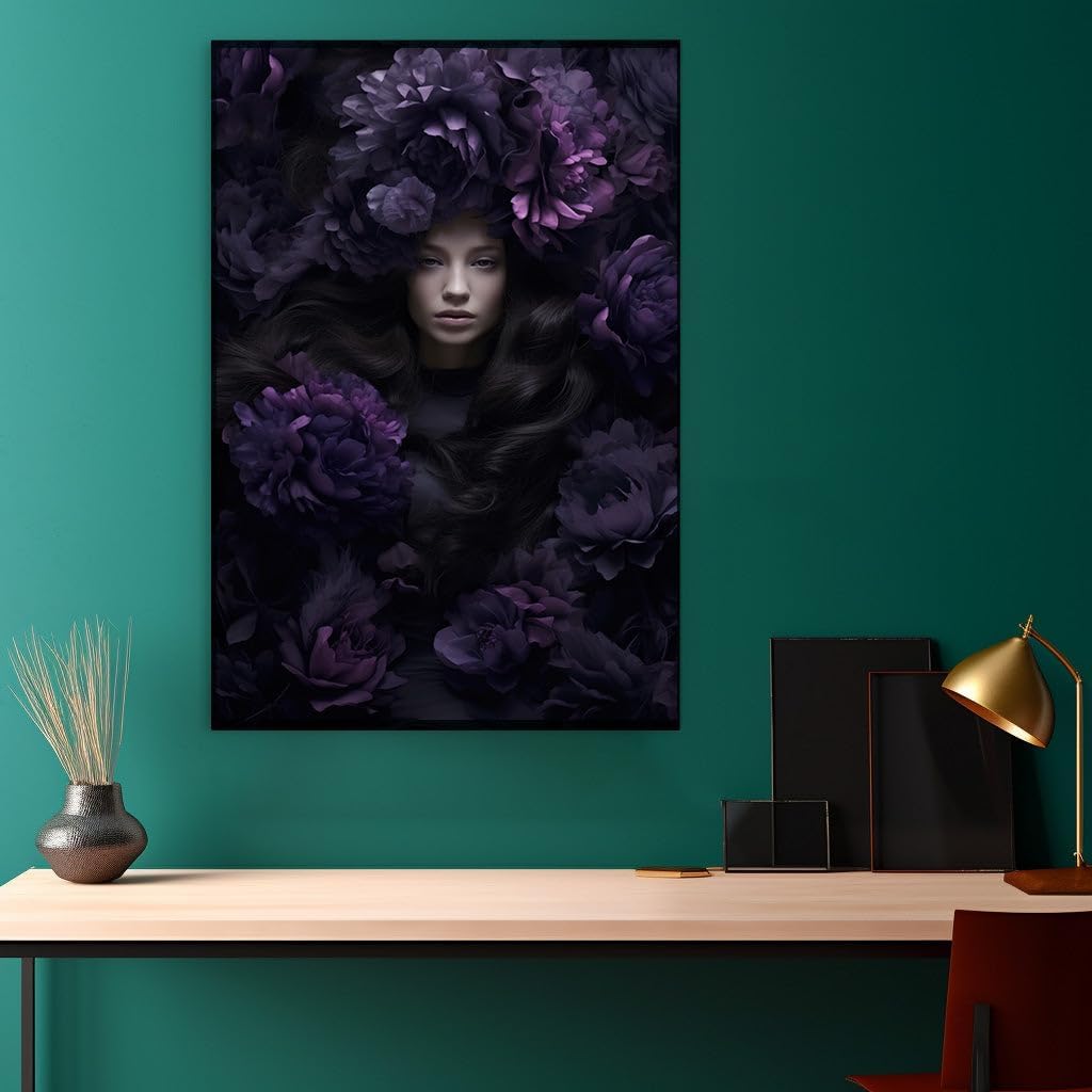 Canvas for Living Room. Mystique in Monochrome: A Portrait Veiled in Purple Blooms, 27 x 18 inch Canvas Wall Art - Contemporary Masterpieces - Modern Home Decor