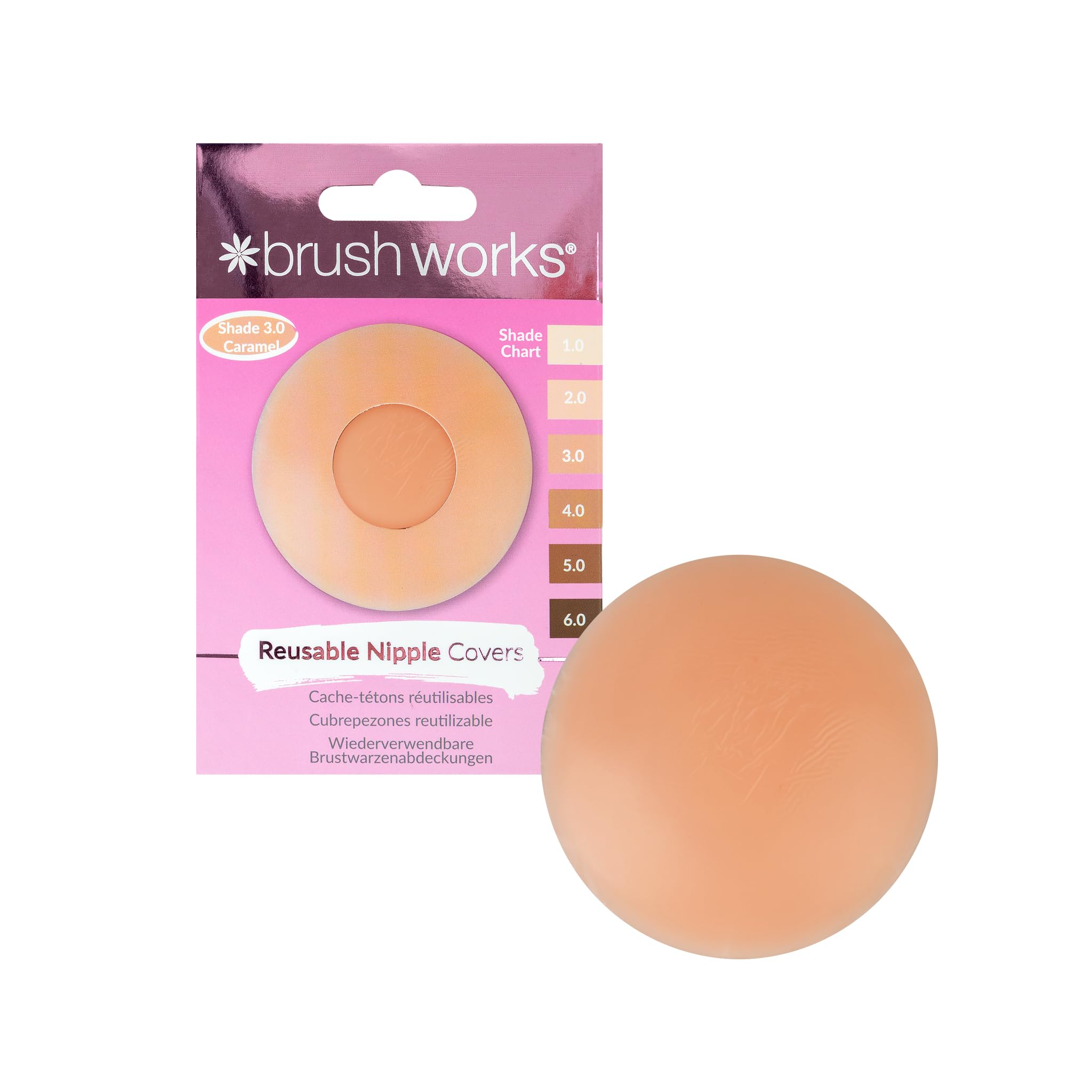 Brushworks Reusable Silicone Nipple Covers (Shade 3.0 - Caramel) - Adhesive Pasties for Invisible Coverage Under T Shirts, Crop Tops & Backless Dresses, Vegan & Cruelty Free Beige