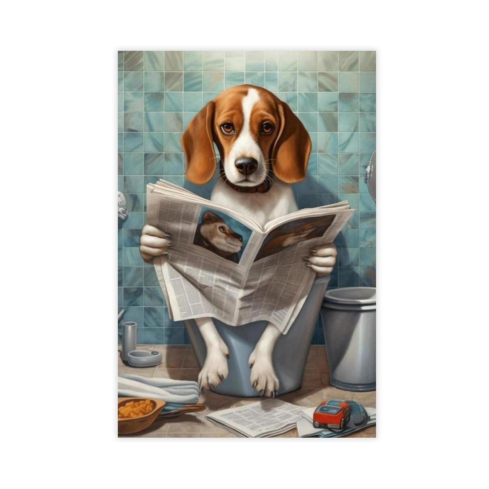 Flamint Beagle Sitting on The Toilet And Reading Canvas Poster Bedroom Decor Landscape Office Room Decor Gift 8" L X 12" W