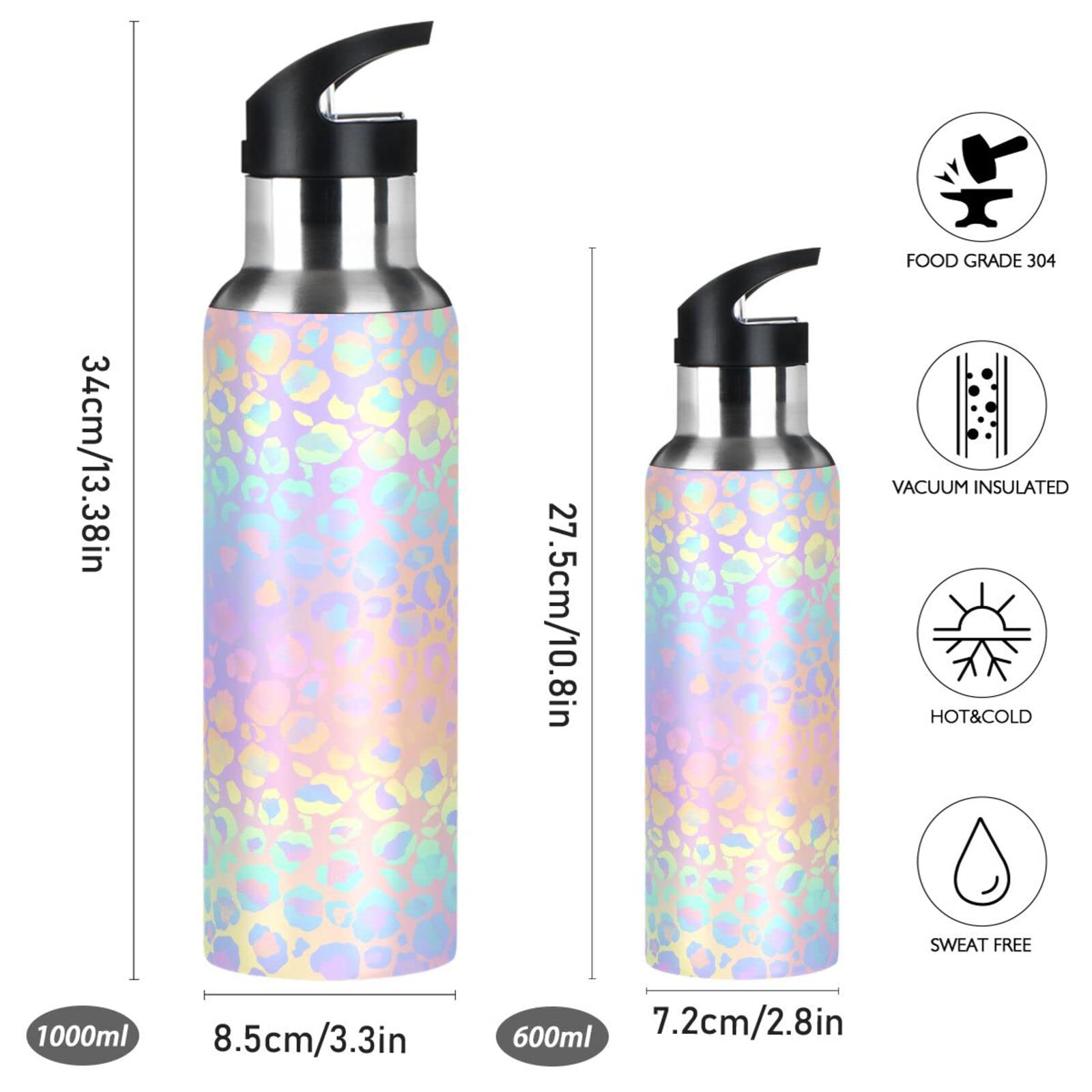 ALAZA Leopard Print Cheetah Rainbow Gradient Water Bottle with Straw Lid Vacuum Insulated Stainless Steel Thermo Flask Water Bottle 32oz 201