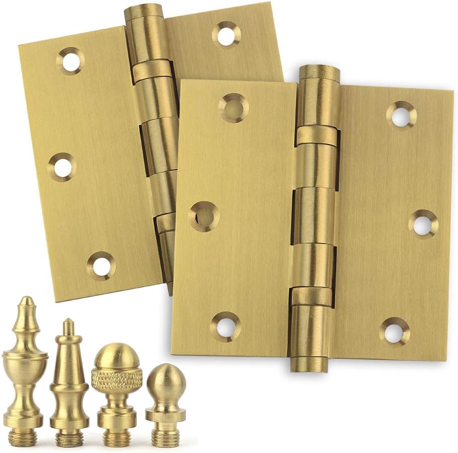 2 pack 3-1/2x3-1/2 Solid Brass Hinges - Satin Brass Finish + Ball & Urn Tips