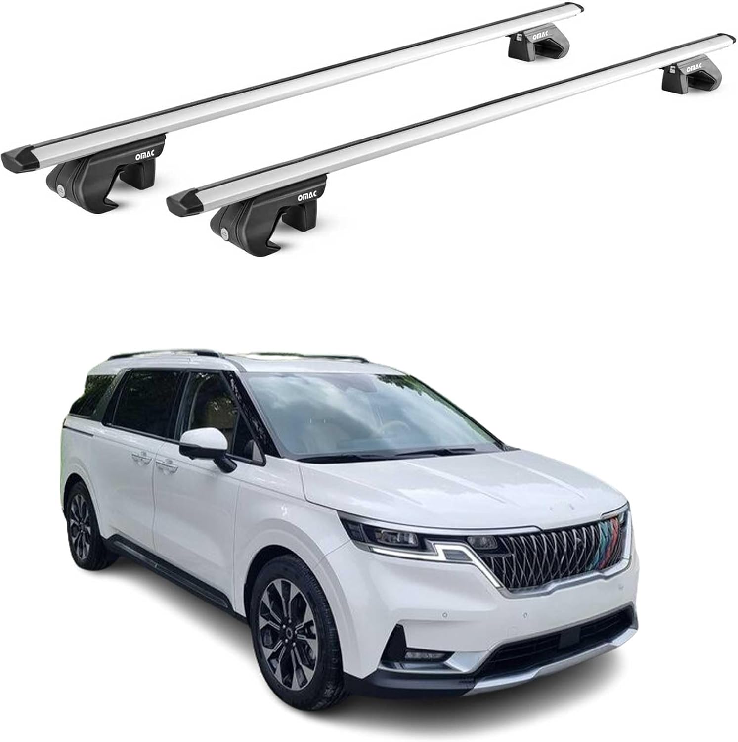 OMAC Roof Rack Cross Bars for Kia Carnival 2022-2026 Lockable 198Lbs Aluminium Silver 2 Pcs fits Cargo Carriers Kayak Canoe Bike Snowboard