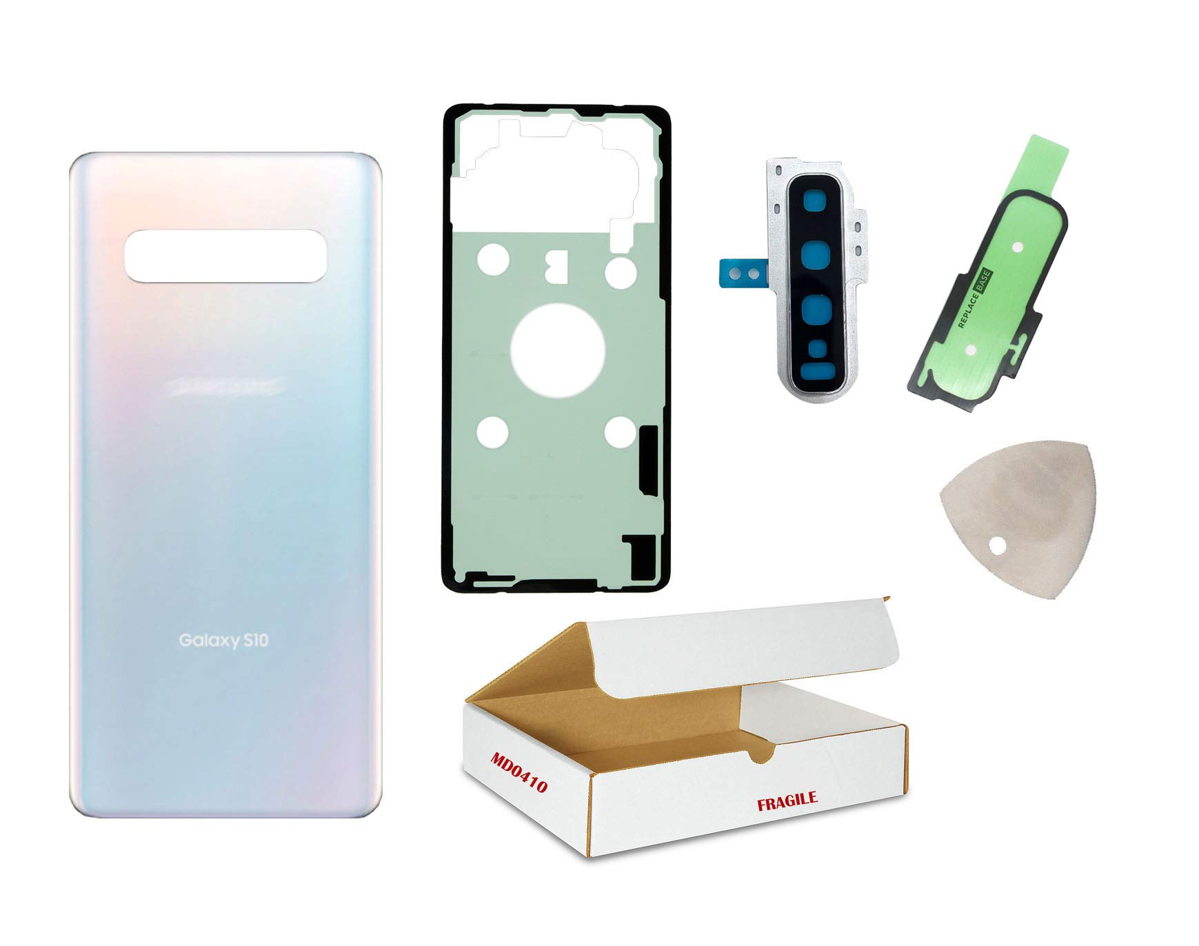 md0410 Replacement Compatible with Samsung Galaxy S10 Model G973 - Back Glass Door Housing Cover with Rear Camera Lens Cover and Opening Tool (Prism White)