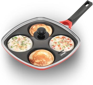 Hawkins 30 cm Die-Cast Multi Snack Pan with Glass Lid, Nonstick Mini Uttapam Tawa, Pancake Pan, Red DCMS30G