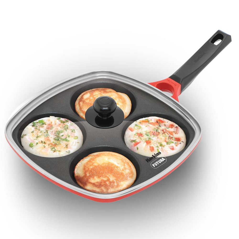 Hawkins 30 cm Die-Cast Multi Snack Pan with Glass Lid, Nonstick Mini Uttapam