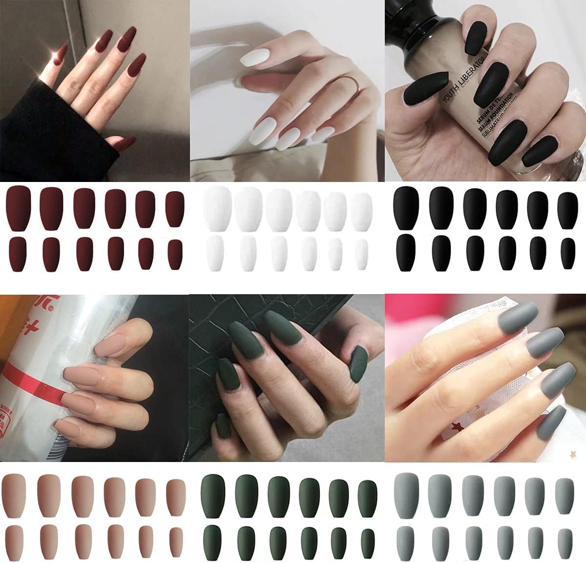 6 Packs (144 Pcs) Matte Coffin Press on Nails Medium Length, Acrylic Short False Nails Full Cover Set Artificial Nails Fake Solid Color with Glue Nail File for Women