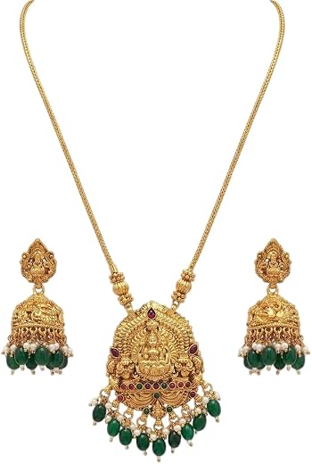 DIKSHA COLLECTION Goddess Lakshmi Temple Necklace Set - Gold-Plated Traditional Pendant with Bell Jhumka Earrings | South ...