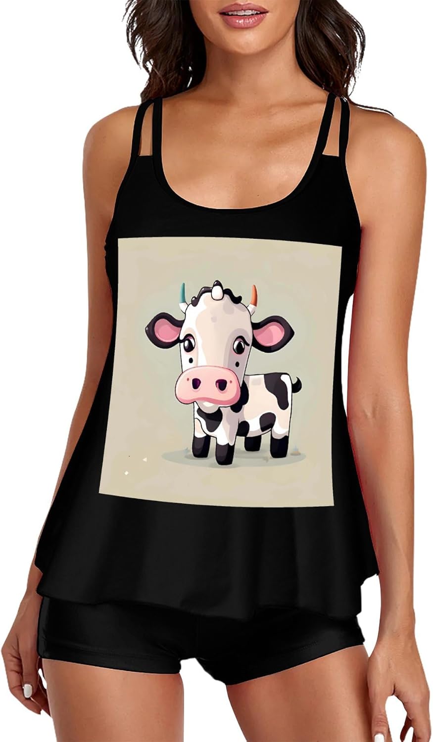 Cute White Cow Tankini Swimsuits for Women Tummy Control Two Piece Bathing Suits Swim Tops with Boy Shorts