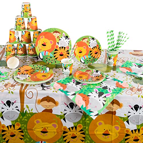 Uvtqssp Kids Party Tableware | Jungle Theme Party Supplies Include 9" Plates, 7" Plate, Cup, Napkin, Straw, Tablecloth, Decorations For Birthday Baby Shower Party (For 16 Guests) #TOP4