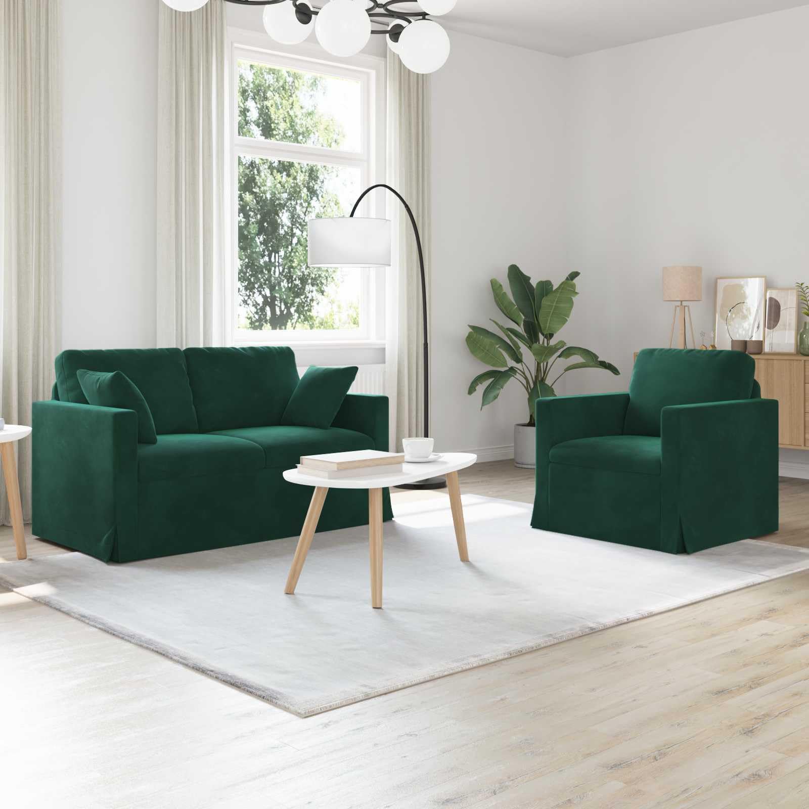 Set di 2 divani in velluto verde scuro con robusta struttura in metallo, imbottito, 138 x 78 x 80 cm, con braccioli e cuscino, per soggiorno e camera degli ospiti