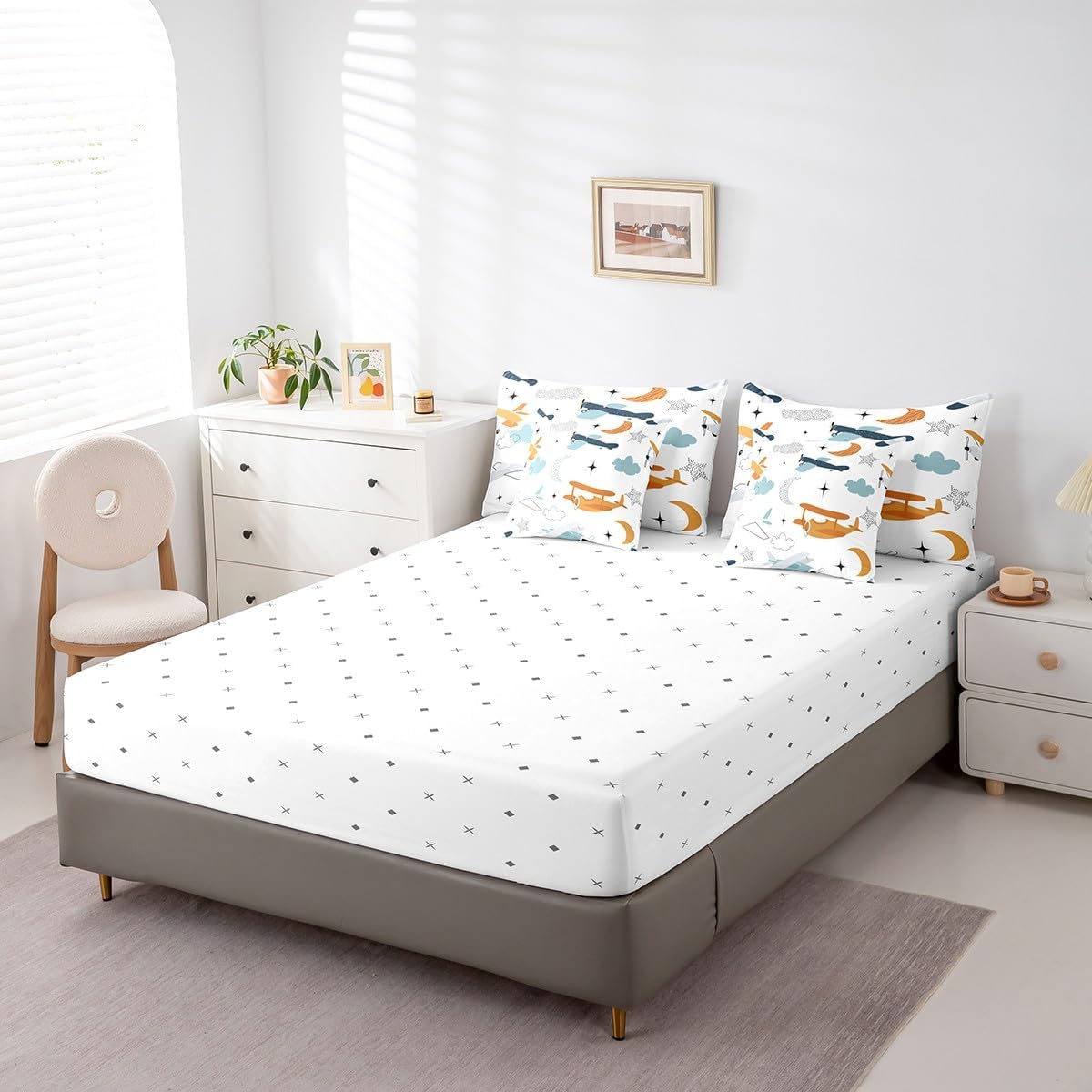 Erosebridal Cartoon Aircraft 7Pcs Comforter Set Twin, Airplane Bedding for Kids Boys Girls, Cute Yellow Teal Sky Clouds Flying Plane Bed in A Bag Sheet Set, Moon Glitter Stars Bedroom Decor