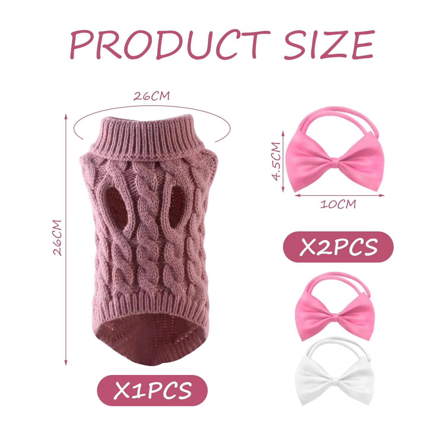 Pet Winter Warm Coat, Turtleneck Sweater, and 2 Bow Ties - Suitable for Cats and Dogs (S, Pink), Small - Image 2