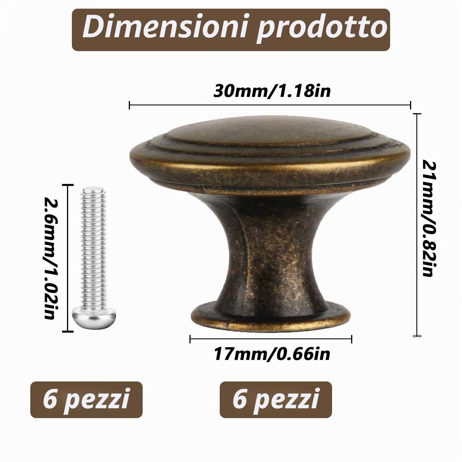 6 Pz Pomelli per Mobili Vintage, 30 mm Pomelli per Cassetti, Pomello per Mobili Vintage Bronzo Rotonde, Maniglia Maniglie Mobili Cucina per Porte Armadio Cassetto Ante di Mobile