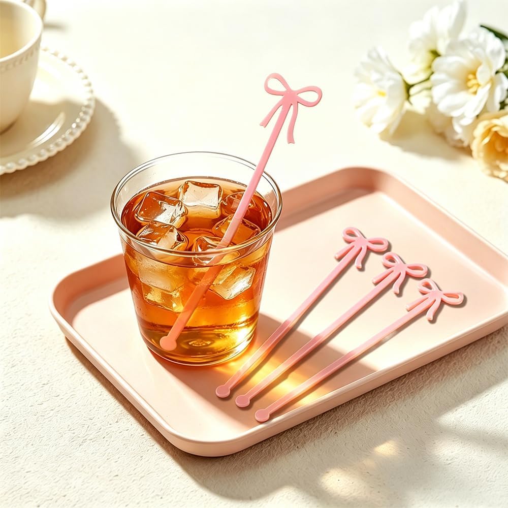 40 Pcs Plastic Drink Swizzle Sticks,Cocktail Stirrers,Pink Bow Stirrer,Stir Sticks for Bar,Stirring Stick for Beverage Juices,Cake Pops Birthday Party Wedding Decorations Accessories (5.9 In)