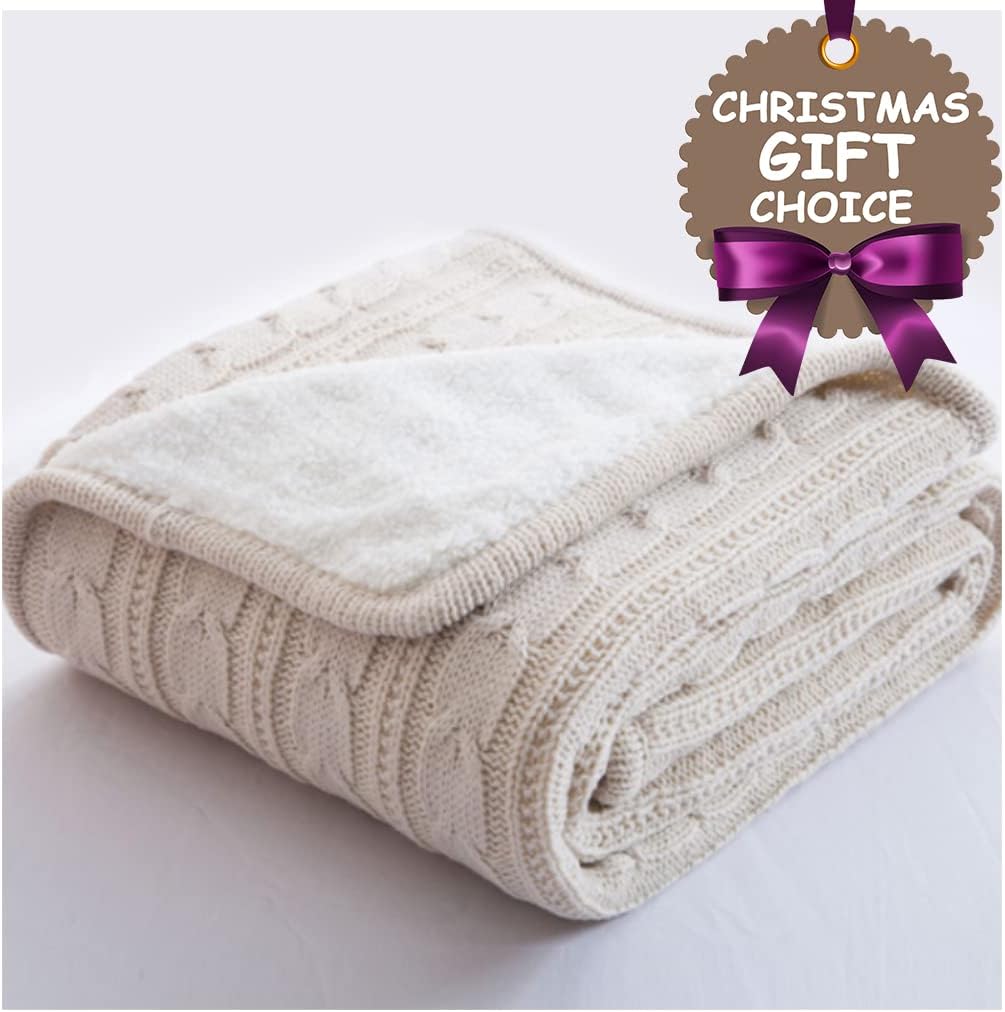 Brandream 100% Cotton Cable Knit Throw Blanket Indoor/Outdoor Summer Blanket Use Camping BBQ's Beaches All Season Blanket-Beige,47 x 70