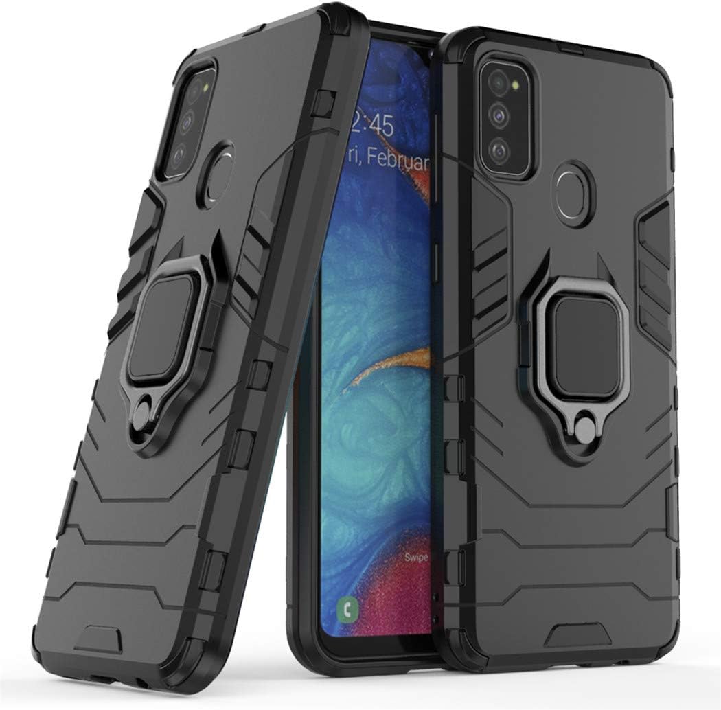 Compatible with Samsung Galaxy M30S, Galaxy M21 Case, Metal Ring Grip Kickstand Shockproof Hard Bumper (Works with Magnetic Car Mount) Dual Layer Rugged Cover (Black)